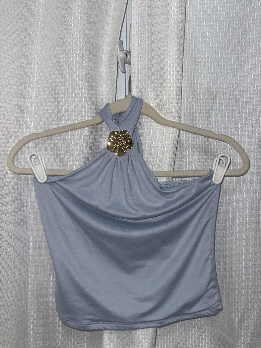 Light Blue Halter Crop Top with Gold Medallion
